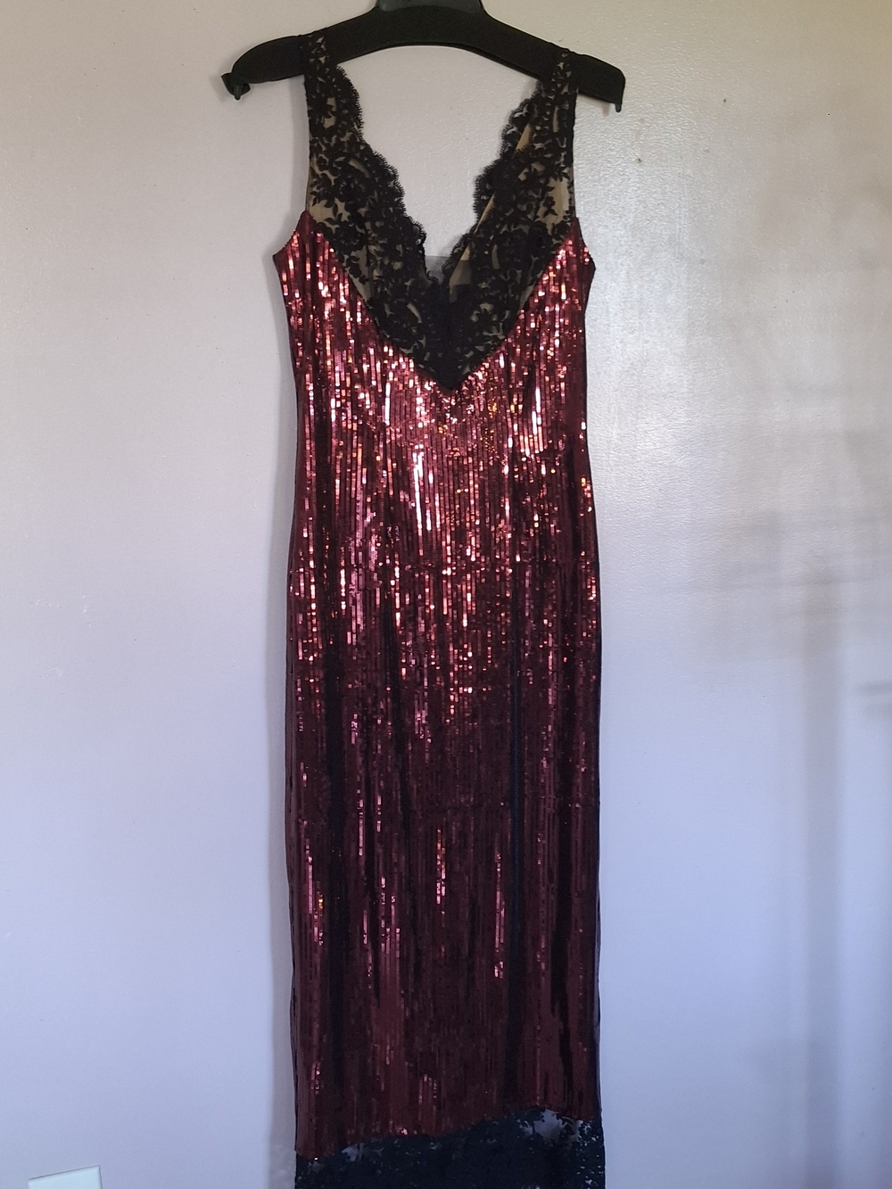 Red Sequin V-Neck Evening Gown with Black Lace Trim